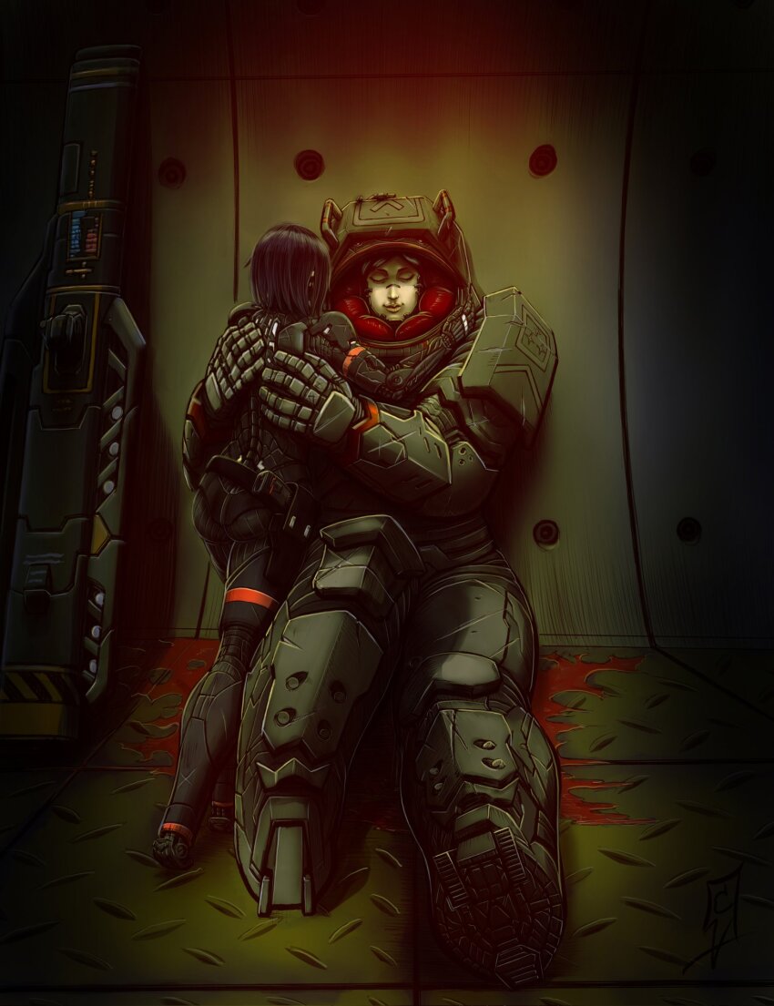 2girls, after_battle, android, armor, closed_eyes, commentary, directed-energy_weapon, elster_(signalis)