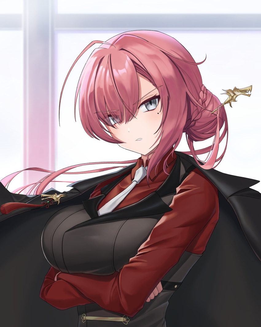 1girl, absurdres, ahoge, arms_under_breasts, backlighting, black_jacket, braid, braided_bun