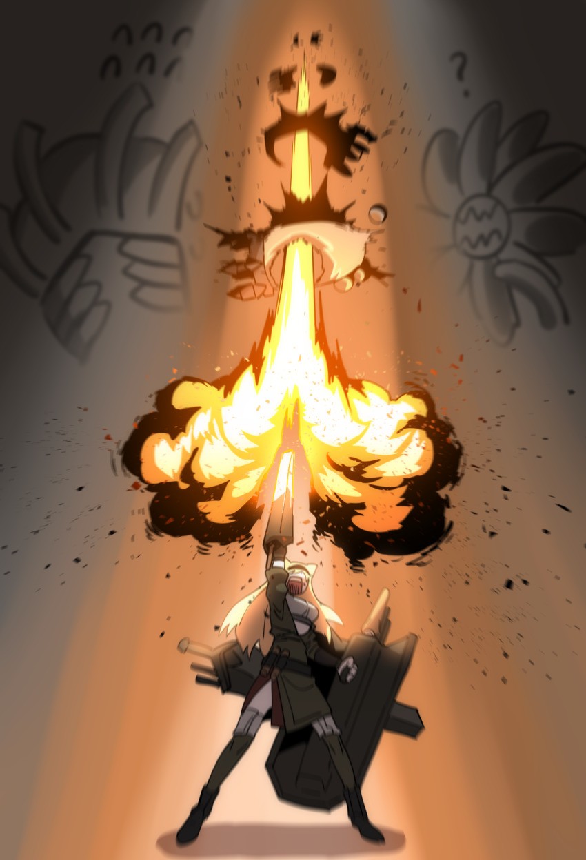 1girl, ?, animal_ears, arknights, arm_up, basin_sea_reaper_(arknights), black_boots, black_hairband, black_jacket, black_skirt, blonde_hair, boots, commentary_request, firing, full_body, grey_shirt, hairband, highres, holding, holding_shield, holding_weapon, horn_(arknights), jacket, korean_commentary, last_shooting, long_hair, open_mouth, parody, pinkboy, pocket_sea_crawler_(arknights), seaborn_(arknights), shield, shirt, skirt, solo, thighhighs, weapon