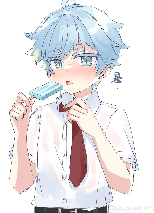 1boy, adjusting_clothes, adjusting_necktie, ahoge, artist_name, belt, blue_eyes, blue_hair