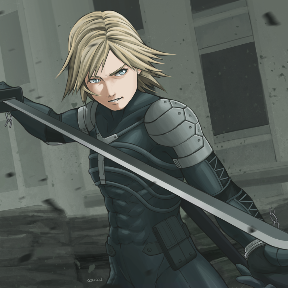 1boy, abs, armor, artist_name, azusa_tanaka, black_bodysuit, blonde_hair, blue_eyes