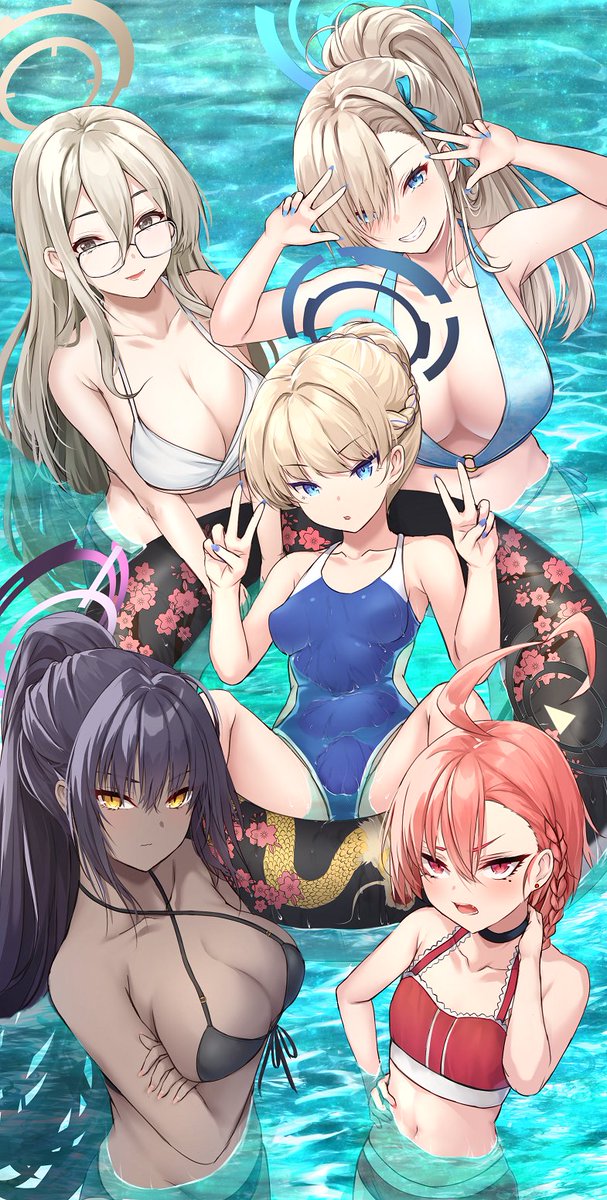 5girls, ahoge, akane_(blue_archive), asuna_(blue_archive), bikini, black_bikini, black_hair, blonde_hair, blue_archive, blue_eyes, breasts, cleaning_&amp;_clearing_(blue_archive), cleavage, crossed_arms, dark-skinned_female, dark_skin, double_v, glasses, grin, hair_between_eyes, hair_over_one_eye, halo, highres, innertube, karin_(blue_archive), large_breasts, long_hair, looking_at_viewer, merxkialis, mole, mole_under_eye, multiple_girls, nail_polish, neru_(blue_archive), one-piece_swimsuit, open_mouth, partially_submerged, pink_hair, ponytail, red_eyes, small_breasts, smile, swim_ring, swimsuit, toki_(blue_archive), v, very_long_hair, water, yellow_eyes