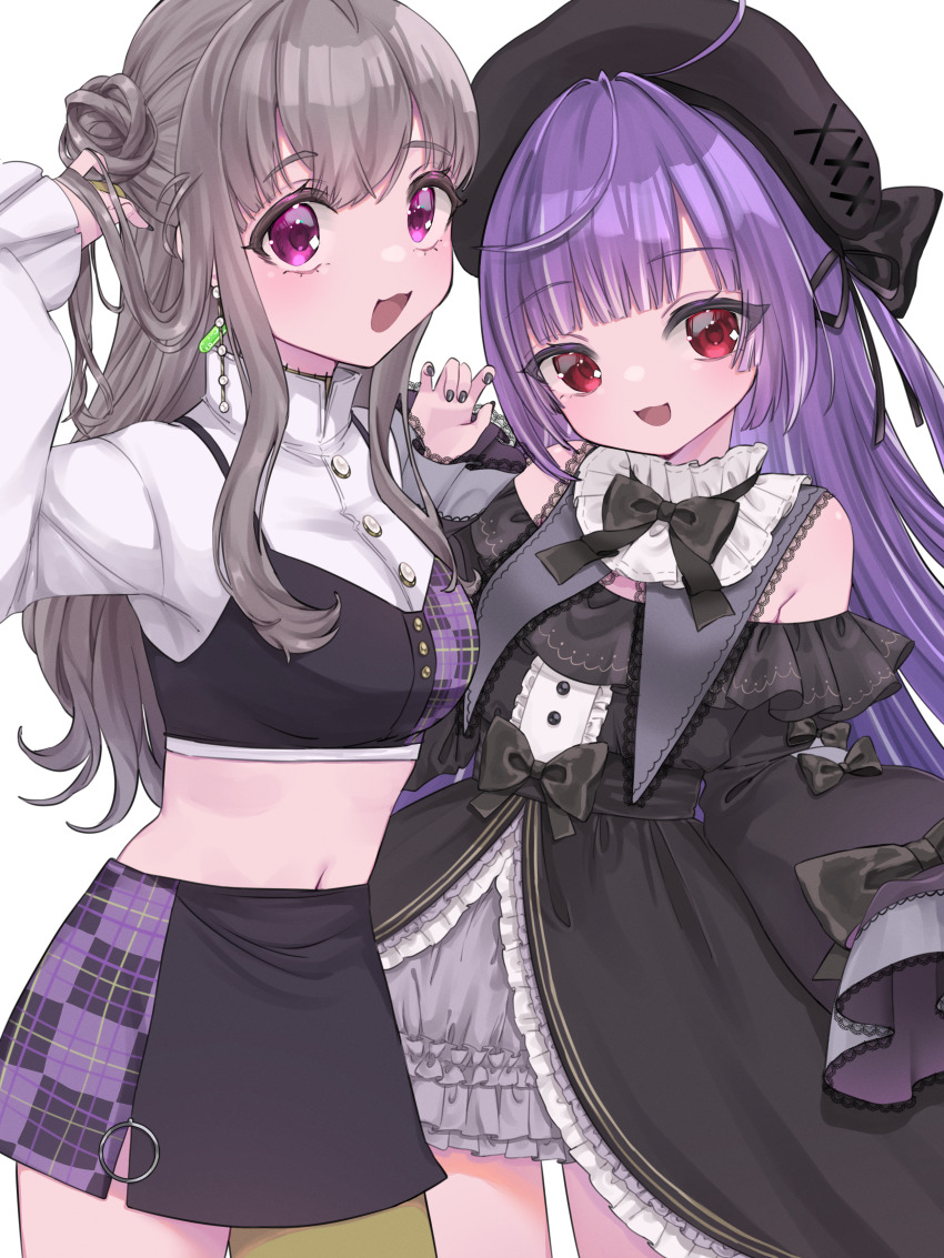 2girls, absurdres, beret, black_bow, black_bowtie, black_dress, black_headwear, black_nails