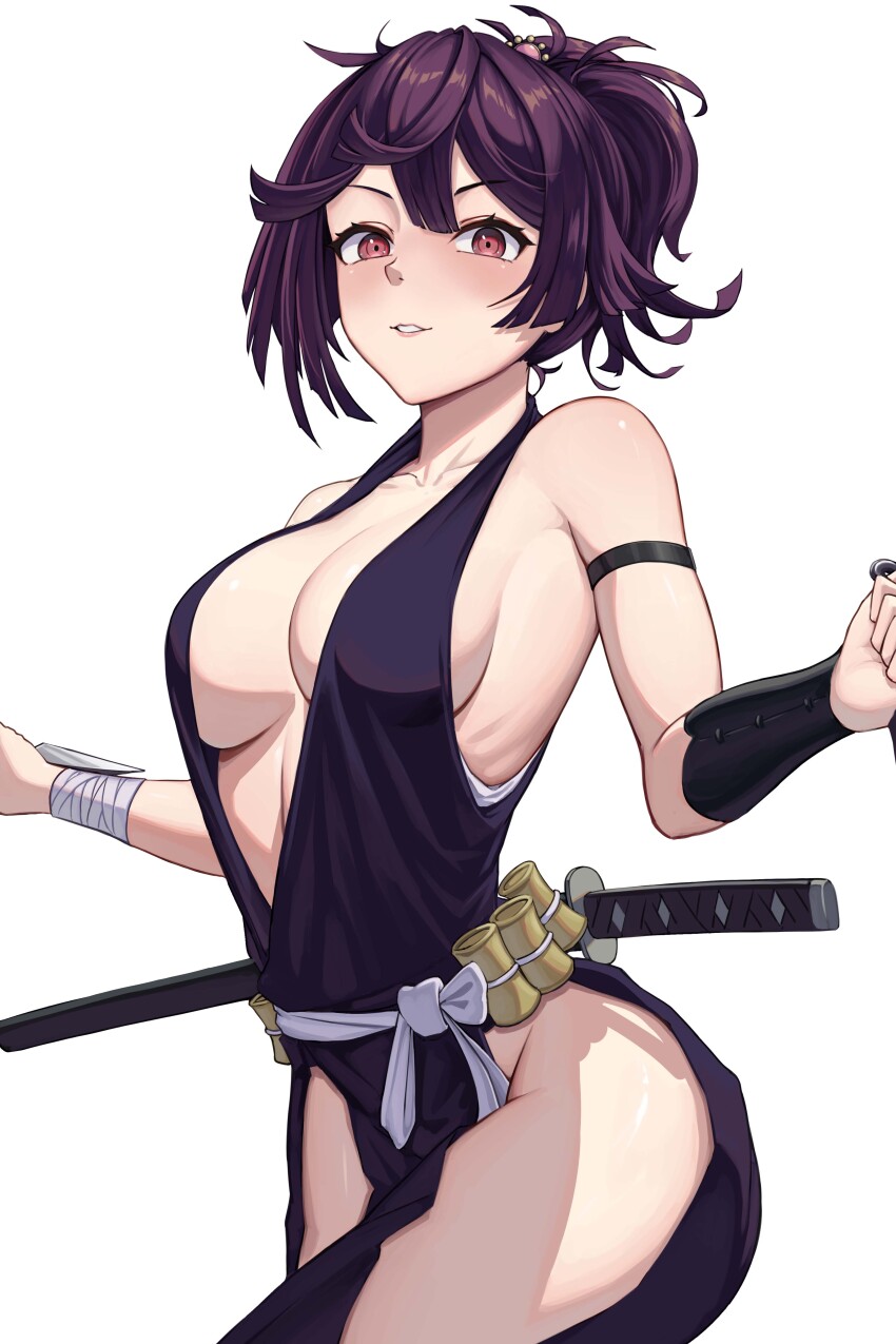 1girl, absurdres, ahaha_kun, bandaged_wrist, bandages, bare_shoulders, breasts, cleavage, clothing_cutout, highres, hip_vent, japanese_clothes, jigokuraku, kimono, looking_at_viewer, medium_breasts, purple_hair, purple_kimono, sash, short_hair, smile, solo, thighs, white_sash, yuzuriha_(jigokuraku)