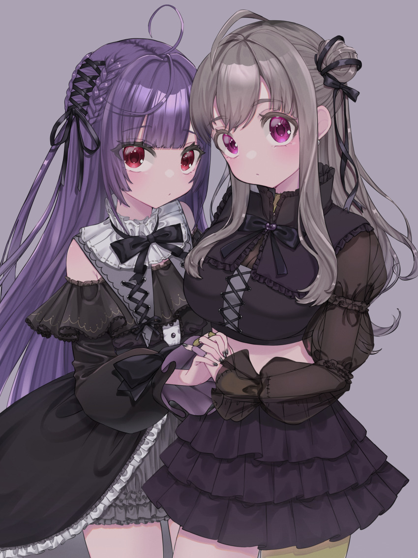 2girls, absurdres, ahoge, black_bow, black_bowtie, black_dress, black_nails, black_shirt, black_skirt, blunt_bangs, blush, bow, bowtie, braid, breasts, cleavage, closed_mouth, collar, commentary, cowboy_shot, cowlick, double_bun, dress, expressionless, fingernails, flat_chest, frilled_dress, frilled_skirt, frills, gothic_lolita, grey_background, grey_collar, grey_hair, hair_bun, hair_ribbon, highres, huma_wat, interlocked_fingers, large_breasts, lolita_fashion, long_hair, looking_at_viewer, multiple_girls, nanashi_inc., missing_headwear, off-shoulder_dress, off_shoulder, patchwork_skin, petticoat, pink_eyes, ponytail, purple_eyes, purple_hair, red_eyes, ribbon, see-through_clothes, see-through_cleavage, see-through_sleeves, shirt, shisui_kiki, shisui_kiki_(2nd_costume), sidelocks, skirt, untranslatable_commentary, tamotsu_(mary), very_long_hair, virtual_youtuber