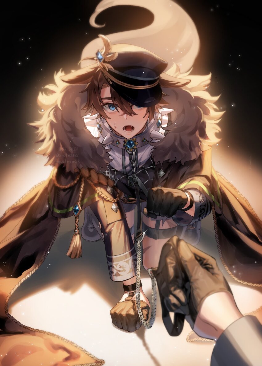 2boys, animal_ears, bishounen, black_gloves, black_headwear, blue_eyes, blue_gem, brown_hair, coat, collar, fur-trimmed_coat, fur_trim, garu_(forgotten_fruit)_(nu_carnival), garu_(nu_carnival), gem, gloves, half_gloves, hat, highres, long_sleeves, looking_at_viewer, male_focus, military_hat, military_uniform, multiple_boys, nu_carnival, nu_dkzil, official_alternate_costume, open_mouth, peaked_cap, scar, scar_on_face, scar_on_leg, scar_on_nose, short_hair, spiked_collar, spikes, tail, tassel, wolf_boy, wolf_ears, wolf_tail