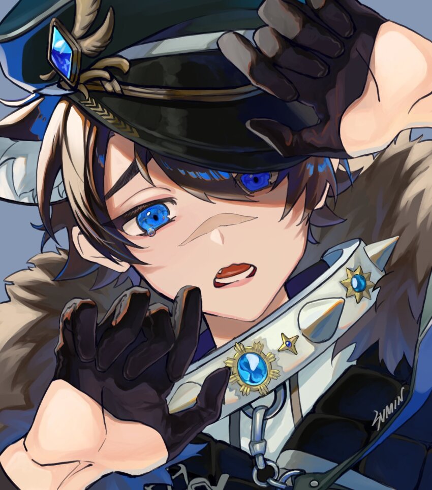 1boy, animal_ears, bishounen, black_gloves, black_headwear, blue_eyes, blue_gem, brown_hair