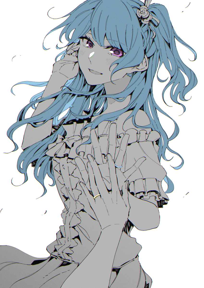 2girls, absurdres, ayutarochan, bang_dream!, bang_dream!_girls_band_party!, bare_shoulders, blue_hair, blush