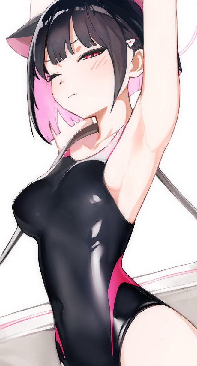 1girl, animal_ears, arms_up, black_hair, black_one-piece_swimsuit, blue_archive, blunt_bangs, blush, breasts, cat_ears, closed_mouth, collarbone, competition_swimsuit, extra_ears, hair_ornament, hairclip, halo, highleg, highres, kazusa_(blue_archive), light_blush, medium_breasts, mikeekakiaka2, multicolored_hair, one-piece_swimsuit, one_eye_closed, pink_hair, pink_halo, red_eyes, short_hair, simple_background, solo, swimsuit, two-tone_hair, two-tone_swimsuit