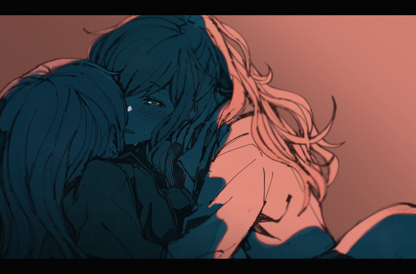 2girls, ayutarochan, bang_dream!, bang_dream!_girls_band_party!, blush, commentary, ear_blush, green_eyes