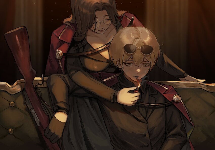 1boy, 1girl, black_gloves, black_jacket, black_necktie, black_shirt, blonde_hair, breasts