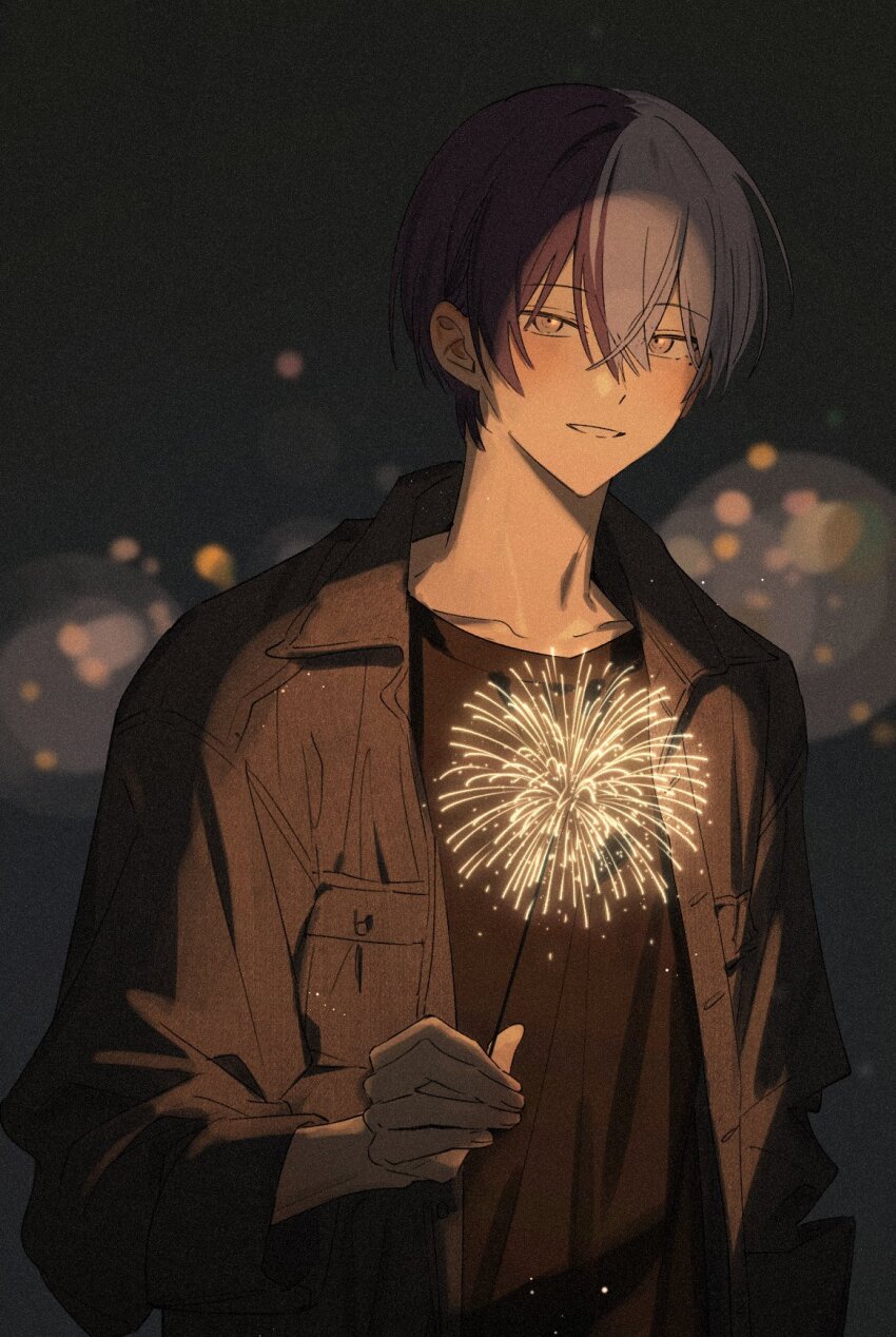 1boy, aoyagi_touya, black_shirt, blue_hair, commentary, dark_blue_hair, fireworks, grey_eyes