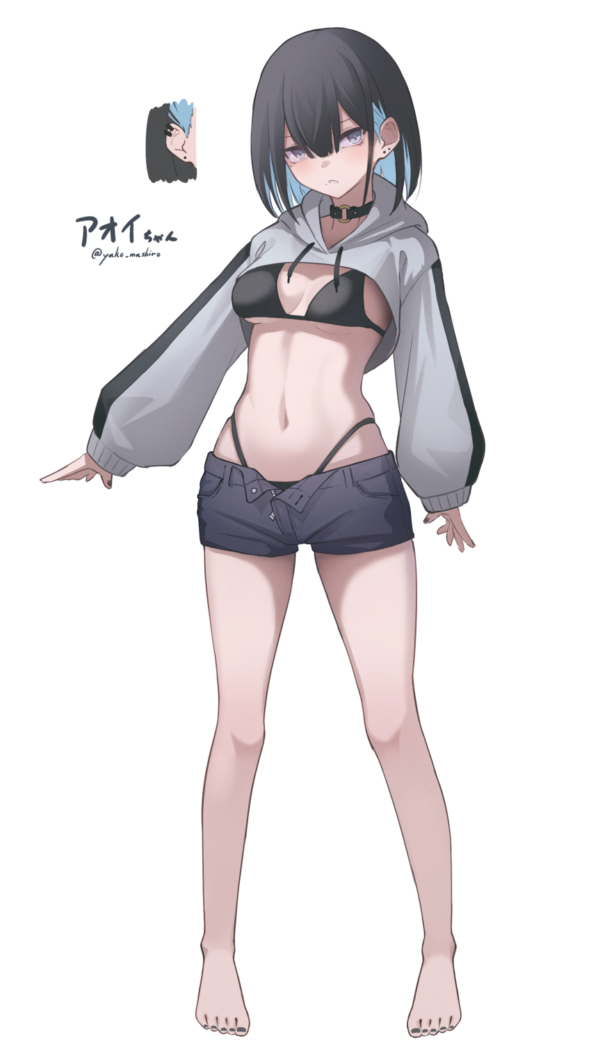 1girl, absurdres, bare_legs, bikini, bikini_bottom_under_shorts, bikini_under_clothes, black_bikini, black_choker