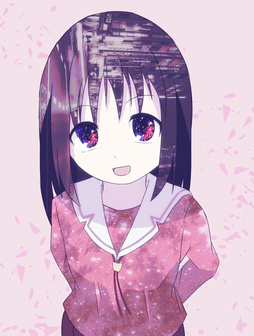 1girl, :d, alternate_eye_color, arms_behind_back, azumanga_daioh's_school_uniform, azumanga_daiou, breasts, brown_hair, commentary, from_above, glitch, highres, kasuga_ayumu, kobaryo, looking_at_viewer, looking_up, medium_hair, neck_ribbon, open_mouth, pink_background, pink_serafuku, pink_shirt, pink_theme, pleated_skirt, red_eyes, red_ribbon, red_skirt, ribbon, sailor_collar, school_uniform, serafuku, shards, shirt, skirt, small_breasts, smile, solo, upper_body, upturned_eyes, white_sailor_collar