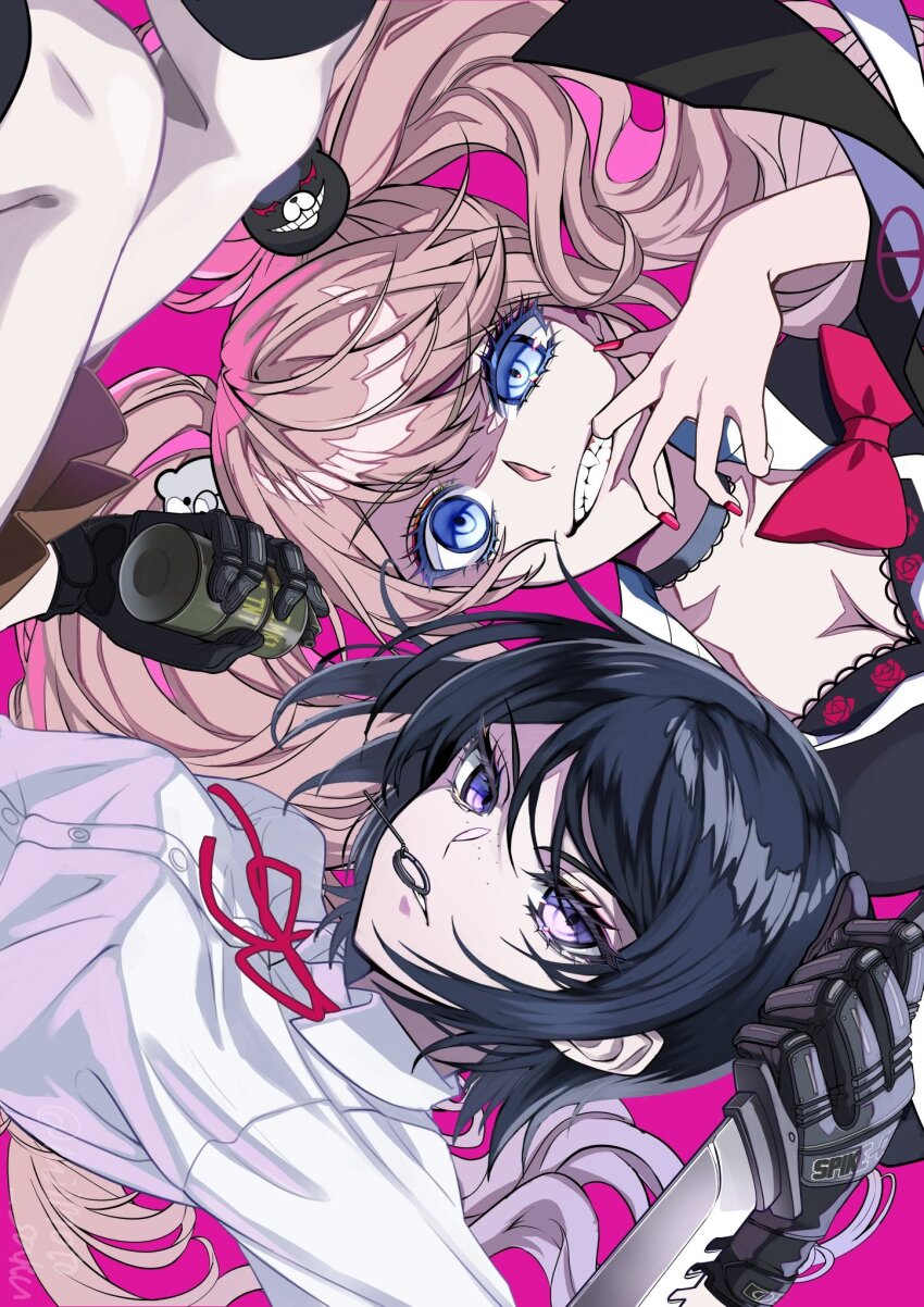 2girls, bear_hair_ornament, black_gloves, black_hair, black_shirt, blonde_hair, bow, breasts