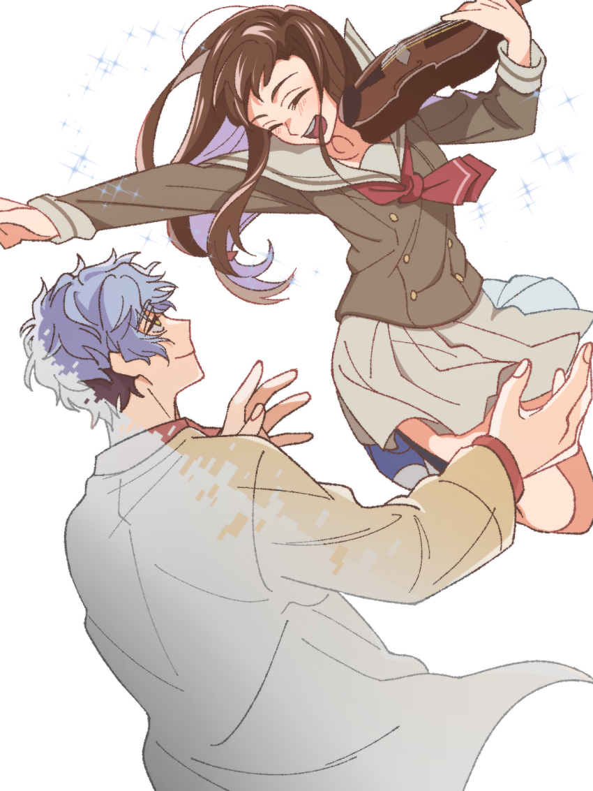 1boy, 1girl, :d, asahina_yui, black_hair, blue_hair, brown_hair, brown_shirt