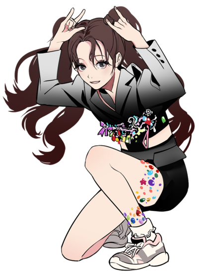 1girl, animification, black_jacket, black_shorts, chinese_commentary, double_m/, gradient_clothes, gradient_jacket, grey_shoes, hair_behind_ear, jacket, k-pop, kyujin_(nmixx), long_hair, looking_at_viewer, luguo_de_a_zhan, m/, nmixx, parted_lips, real_life, shoes, shorts, smile, sneakers, socks, solo, squatting, twintails, very_long_hair, waist_cutout, white_background, white_socks