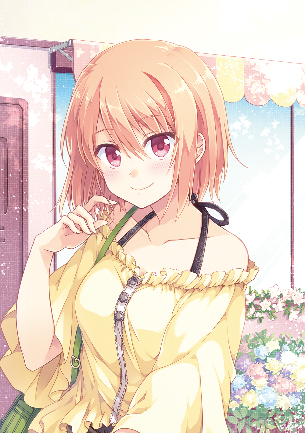 1girl, bag, bare_shoulders, blue_flower, blush, charlotte_(anime), closed_mouth, collarbone