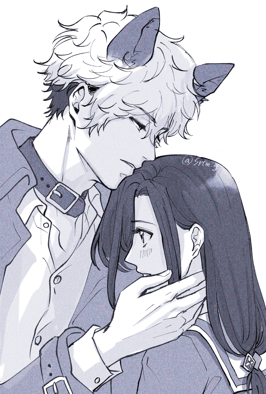 1boy, 1girl, absurdres, animal_ears, asahina_yui, belt, belt_collar, blush