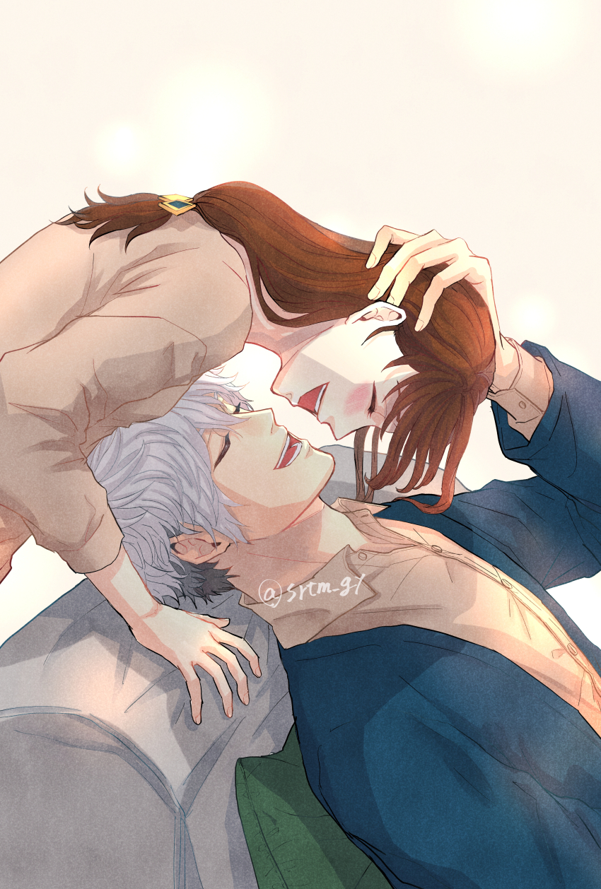 1boy, 1girl, :d, absurdres, asahina_yui, brown_hair, brown_shirt, closed_eyes