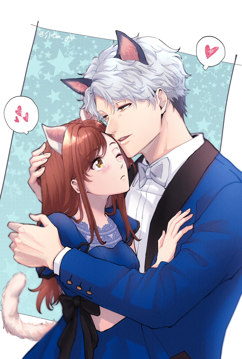1boy, 1girl, absurdres, animal_ears, asahina_yui, black_bow, blue_dress, blue_suit