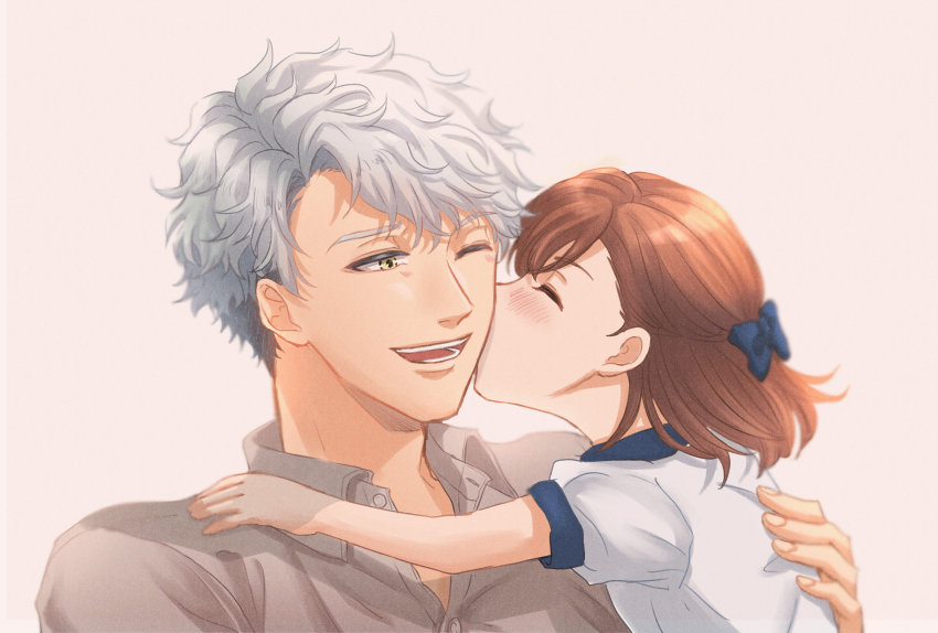 1boy, 1girl, ;d, absurdres, aged_down, asahina_yui, bow, brown_hair