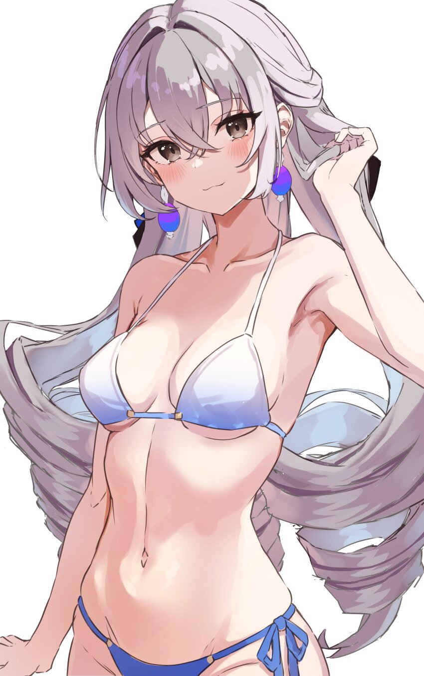 absurdres, bikini, blue_bikini, blush, breasts, bronya_rand, closed_mouth, drill_hair