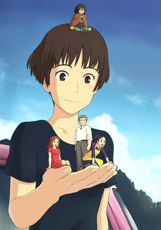 00s, 10s, 2boys, 3girls, arrietty, black_shirt, blouse, brown_eyes, brown_hair, company_connection, crossover, foreshortening, gake_no_ue_no_ponyo, giant, giantess, homily_(arrietty), homily_(borrower), indian_style, jas_(littlecrime), karigurashi_no_arrietty, lisa_(ponyo), md5_mismatch, mini_person, miniboy, minigirl, multiple_boys, multiple_girls, on_head, person_on_head, pod, pod_(arrietty), pod_(borrower), resolution_mismatch, shirt, short_hair, sitting, sitting_on_head, sitting_on_person, sky, smile, source_larger, spiller, studio_ghibli