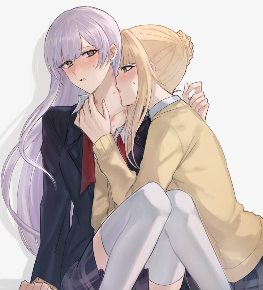 2girls, aoki_shizumi, bite_mark, bite_mark_on_neck, blonde_hair, blush, braid, bun_with_braided_base
