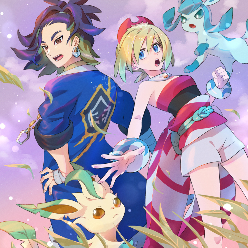 1boy, 1girl, :o, adaman_(pokemon), bag, blonde_hair, blue_coat, blue_eyes, bracelet, brown_eyes, chon_chiyon, clenched_hand, cloud, coat, collar, commentary_request, day, earrings, eyebrow_cut, eyelashes, falling_leaves, gen_4_pokemon, glaceon, green_bag, hair_between_eyes, hairband, hand_on_own_hip, hand_wraps, highres, irida_(pokemon), jewelry, leaf, leafeon, medium_hair, nintendo, open_mouth, outdoors, pokemon, pokemon_(creature), pokemon_masters_ex, ponytail, sash, shirt, shorts, sky, spread_fingers, standing, strapless, strapless_shirt, teeth, tongue, waist_cape, watermark, white_shorts