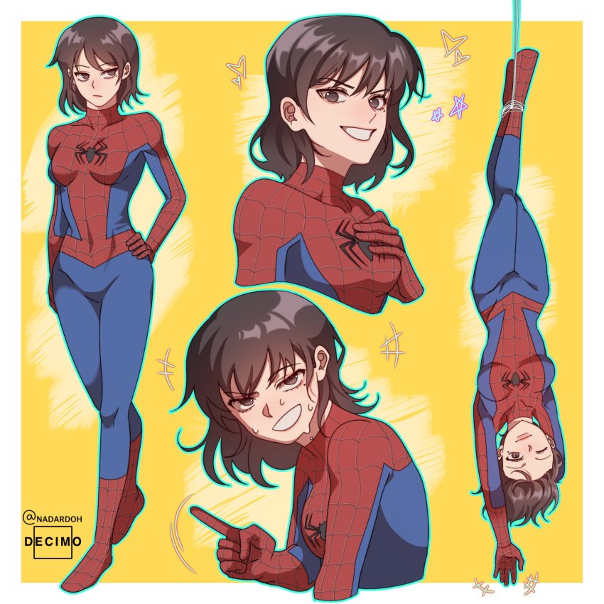 1girl, bodysuit, border, breasts, brown_eyes, brown_hair, closed_mouth, commentary, cosplay, english_commentary, full_body, han_sooyoung, hand_on_own_hip, heart, highres, looking_at_viewer, marvel, medium_breasts, mole, mole_under_eye, multicolored_bodysuit, multiple_views, nadardoh, omniscient_reader's_viewpoint, open_mouth, short_hair, simple_background, smile, spider-man, spider-man:_into_the_spider-verse, spider-man_(cosplay), spider-man_(original_suit), spider-man_(series), spider-verse, standing, star_(symbol), sweat, two-tone_bodysuit, upside-down, white_border, yellow_background