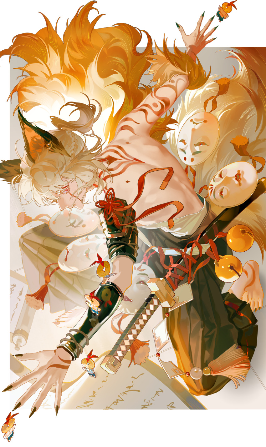 1boy, absurdres, animal_ears, arm_guards, arm_tattoo, back_tattoo, bare_back, barefoot