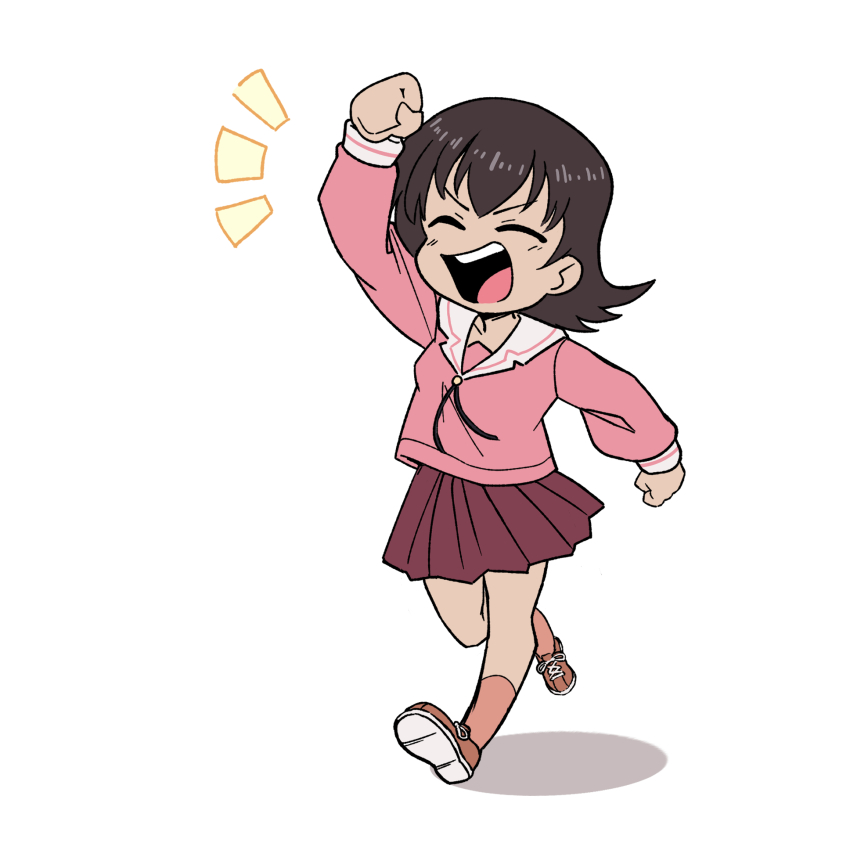 1girl, azumanga_daiou, boltcreature, brown_hair, clenched_hands, closed_eyes, commentary, covered_erect_nipples, covered_navel, english_commentary, excited, highres, open_mouth, pink_shirt, pink_skirt, raised_fist, school_uniform, shadow, shirt, shoes, short_hair, simple_background, skirt, sneakers, solo, takino_tomo, white_background