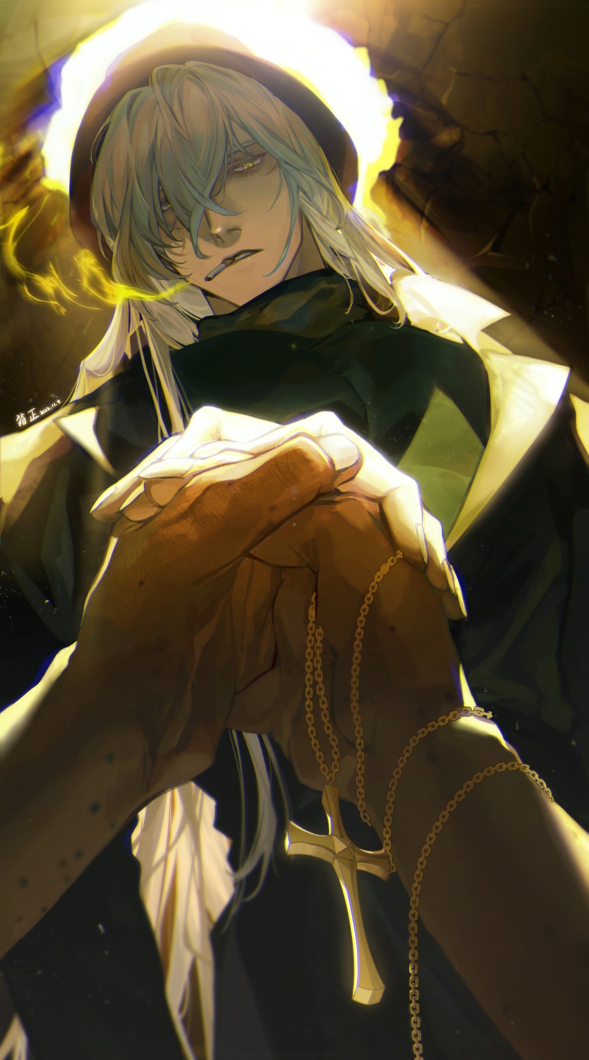 1boy, absurdres, bags_under_eyes, black_coat, black_headwear, black_shirt, blurry, bruise