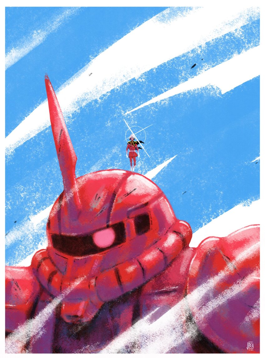 1boy, artist_logo, bell_mimieux, belt, black_capelet, blue_sky, boots, border, capelet, char_aznable, glint, gloves, gundam, helmet, highres, horns, jacket, logo, looking_at_viewer, mask, mecha, mecha_focus, mobile_suit, mobile_suit_gundam, on_mecha, one-eyed, pants, red_eyes, red_jacket, red_pants, single_horn, sky, standing, white_belt, white_border, white_footwear, white_gloves, zaku_ii_s_char_custom, zeon