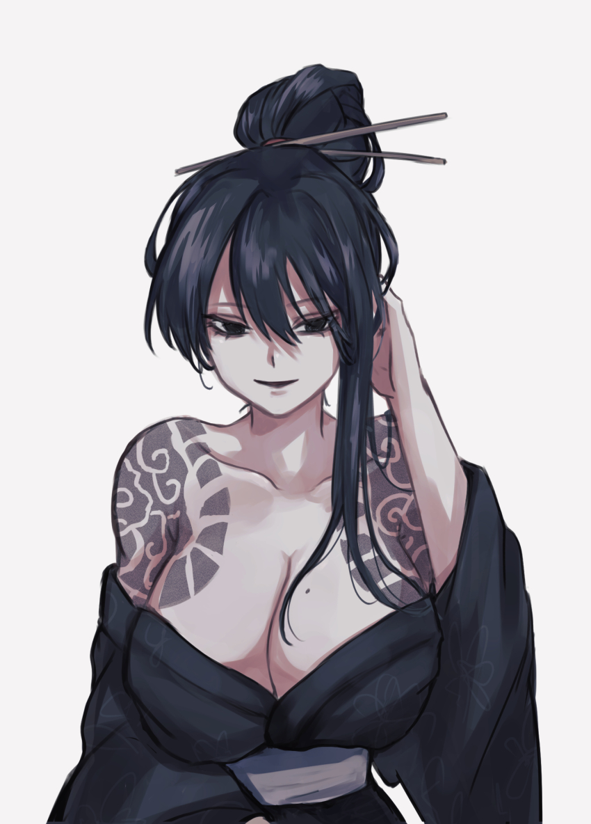 1girl, black_eyes, black_hair, black_kimono, breasts, cleavage, hair_bun, hair_ornament, hair_stick, hand_up, highres, huge_breasts, japanese_clothes, kimono, large_breasts, library_of_ruina, long_hair, long_sleeves, mole, mole_on_breast, moth_ram, project_moon, sayo_(library_of_ruina), shoulder_tattoo, sidelocks, solo, tattoo, upper_body, wide_sleeves
