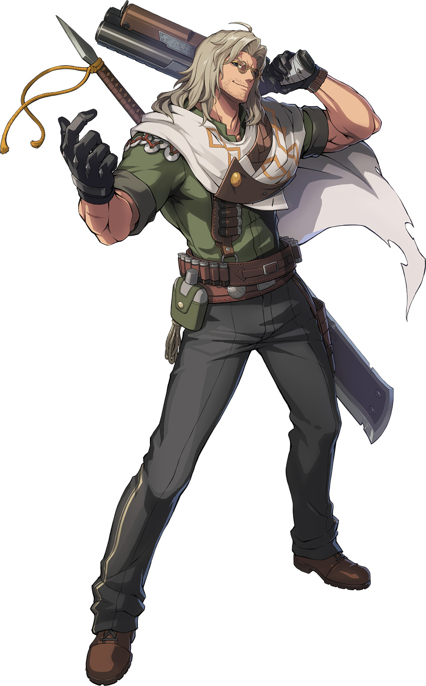 1boy, absurdres, agent_(dungeon_and_fighter), artist_request, dnf_duel, dungeon_and_fighter, full_body, glasses, gloves, gun, gunblader_(dungeon_and_fighter), highres, holding, holding_weapon, long_sword, male_focus, medium_hair, official_art, pants, sawed-off_shotgun, shotgun, smile, solo, sword, transparent_background, trouble_shooter_(dungeon_and_fighter), troubleshooter_(dungeon_and_fighter), weapon