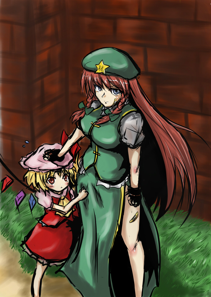 2girls, :<, blonde_hair, blue_eyes, china_dress, chinese_clothes, cuts, dress, embodiment_of_scarlet_devil, female_focus, flandre_scarlet, hand_on_another's_head, hat, hong_meiling, injury, multiple_girls, red_eyes, senken_kiyohiko, short_hair, touhou, wings