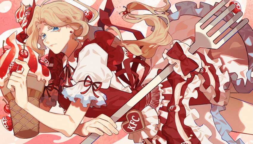 1girl, apron, blonde_hair, blue_eyes, cherry, colored_eyelashes, commentary, cream