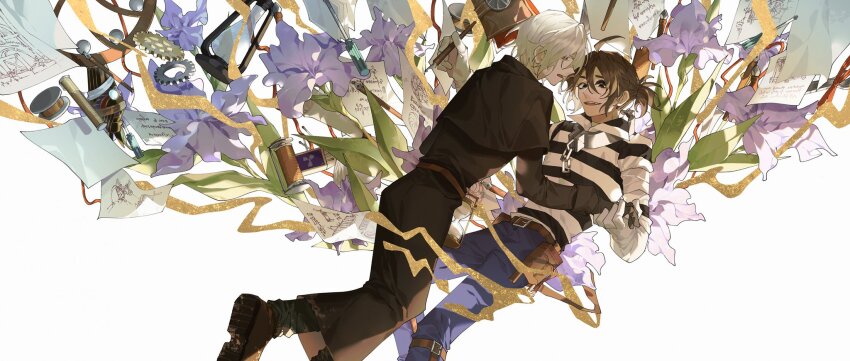 2boys, ahoge, andrew_kreiss, bandaged_arm, bandages, belt, belt_pouch, black_capelet