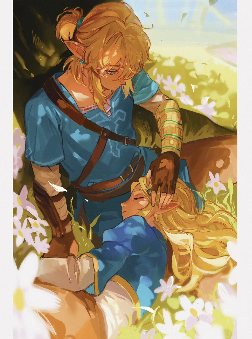 1boy, 1girl, belt, blonde_hair, blue_eyes, blue_shirt, blue_tunic, border, brown_belt, brown_gloves, brown_pants, champion's_tunic_(zelda), closed_eyes, closed_mouth, doodoopi4, earrings, fingerless_gloves, flower, gloves, grass, half_updo, hand_on_another's_head, highres, jewelry, lap_pillow, link, long_hair, long_sleeves, looking_at_another, looking_down, lying, medium_hair, nintendo, on_side, outdoors, pants, parted_lips, pillarboxed, pointy_ears, princess_zelda, shirt, short_sleeves, sidelocks, the_legend_of_zelda, the_legend_of_zelda:_breath_of_the_wild, tunic, undershirt, white_border, white_flower, white_shirt