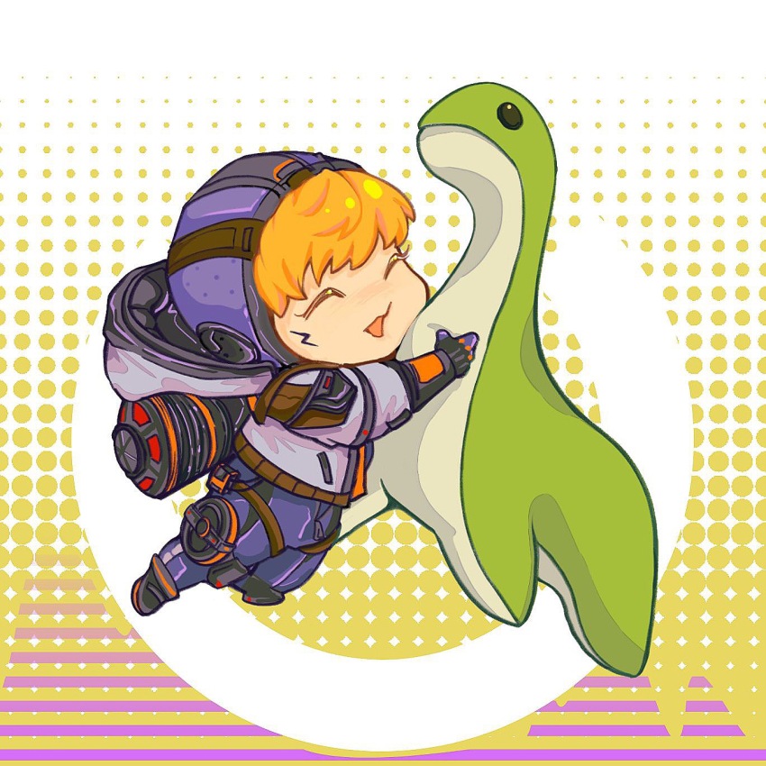 1girl, ^_^, apex_legends, black_shoes, blonde_hair, blush, bodysuit, chibi, closed_eyes, gloves, highres, hood, hood_down, hooded_jacket, hugging_object, huo_jiu_jiaotou, jacket, mini_person, minigirl, nessie_(respawn), purple_bodysuit, purple_gloves, purple_jacket, shoes, sneakers, solo, stuffed_toy, wattson_(apex_legends)