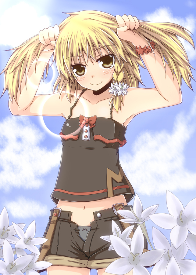 1girl, armpits, bare_shoulders, black_panties, blonde_hair, blush, braid, bunching_hair