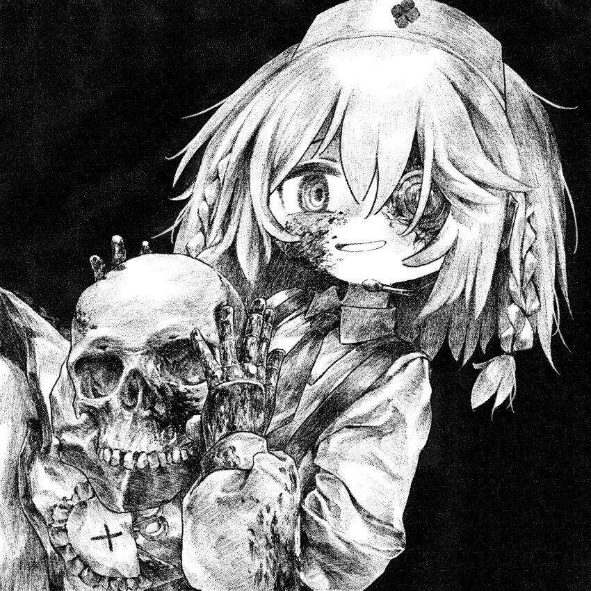 1girl, android, apron, artificial_eye, blood, blood_on_clothes, blood_on_face, blood_on_hands