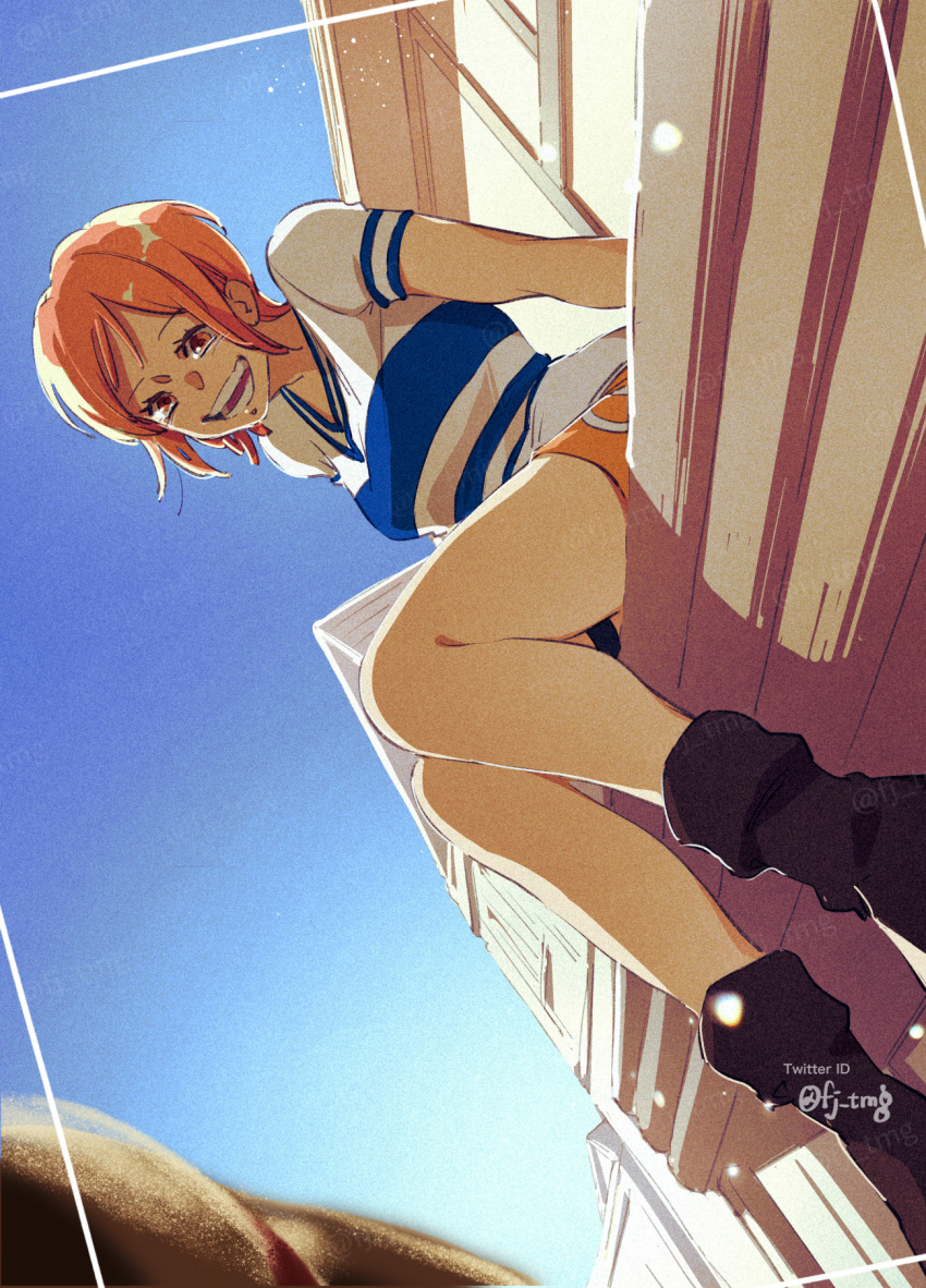 1boy, 1girl, blue_shirt, blue_sky, boots, brown_footwear, building, commentary, day, from_below, fujisee, hat, highres, looking_at_another, looking_down, monkey_d._luffy, nami_(one_piece), nami_(one_piece)_(east_blue), one_piece, open_mouth, orange_eyes, orange_hair, orange_skirt, out_of_frame, outdoors, shirt, short_hair, short_sleeves, sitting, skirt, sky, smile, straw_hat, striped_clothes, striped_shirt, untranslatable_commentary, twitter_username, two-tone_shirt, v-neck, white_shirt, yellow_skirt