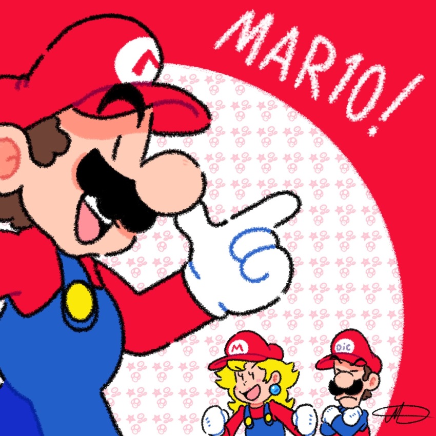 1girl, 2boys, black_eyes, blonde_hair, blue_overalls, blush_stickers, brown_hair, buttons, newsboy_cap, circle, clenched_hands, closed_eyes, closed_mouth, commentary, cosplay, crossed_arms, earrings, english_commentary, english_text, eyelashes, facial_hair, finger_gun, from_side, frown, gloves, hat, highres, jewelry, jradical2014, letter, long_hair, long_sleeves, looking_at_viewer, luigi, mario, mario_(cosplay), mario_(series), mario_day, multiple_boys, mustache, nintendo, open_mouth, overalls, patterned_background, princess_peach, red_background, red_headwear, red_shirt, shirt, short_hair, signature, single_earring, smile, solid_oval_eyes, sphere_earrings, super_mario_bros._1, teeth, thick_eyebrows, upper_teeth_only, v-shaped_eyebrows, white_gloves