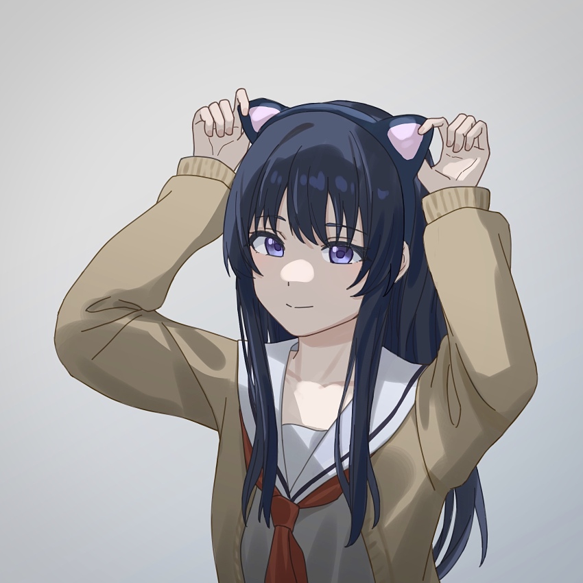 1girl, animal_ears, arms_up, black_gloves, black_hair, brown_cardigan, cardigan, cat_ears, closed_mouth, collarbone, commentary_request, fake_animal_ears, gloves, grey_background, grey_shirt, highres, koe_no_katachi, lcwe, long_hair, long_sleeves, looking_at_viewer, neckerchief, open_cardigan, open_clothes, puffy_long_sleeves, puffy_sleeves, purple_eyes, red_neckerchief, sailor_collar, school_uniform, serafuku, shirt, simple_background, sleeves_past_wrists, smile, solo, ueno_naoka, upper_body, very_long_hair, white_sailor_collar