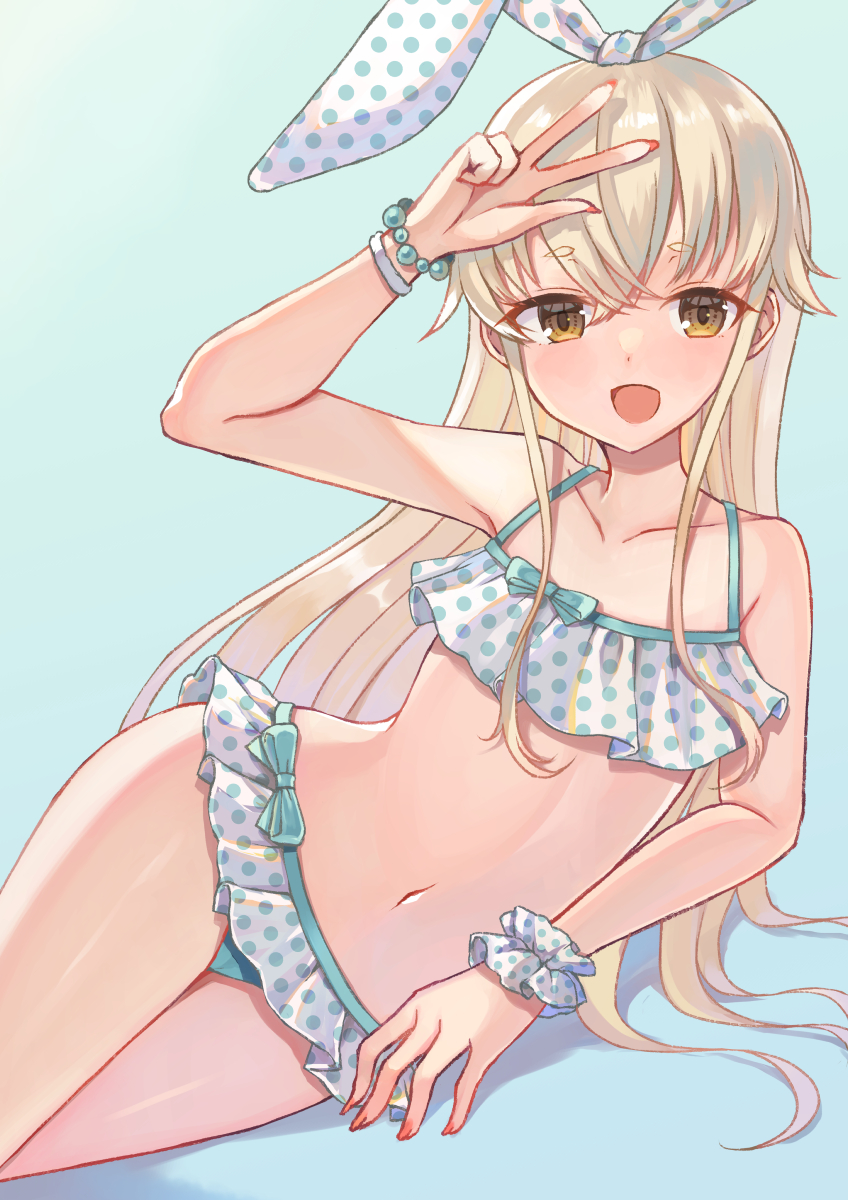 1girl, aqua_background, bead_bracelet, beads, bikini, blonde_hair, blush, bracelet