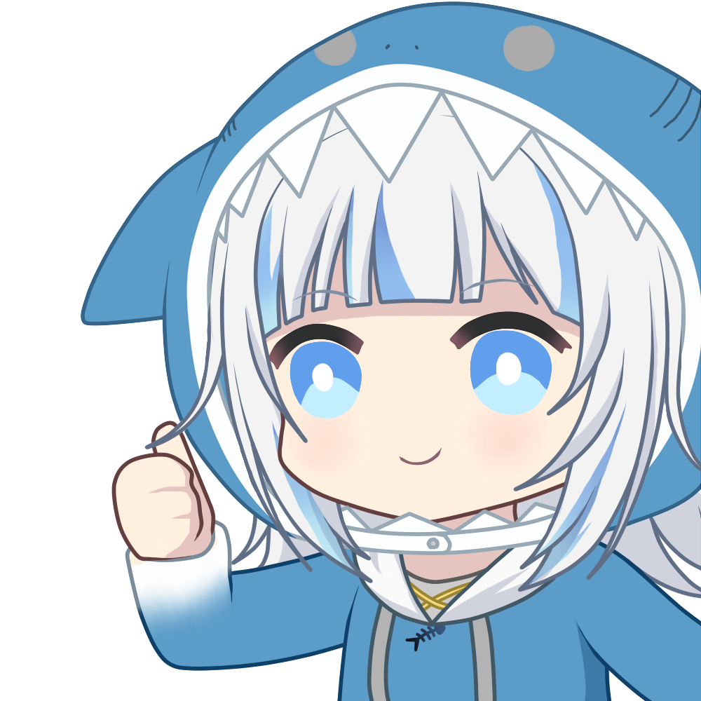 1girl, animal_hood, aprob_(meme), blue_eyes, blue_hair, blue_hoodie, bright_pupils, chibi, gawr_gura, gawr_gura_(1st_costume), grey_hair, hololive, hololive_english, hood, hoodie, meme, multicolored_hair, shark_hood, short_hair, smile, solo, streaked_hair, teeth, thumbs_up, upper_body, virtual_youtuber, white_pupils, zephylyne