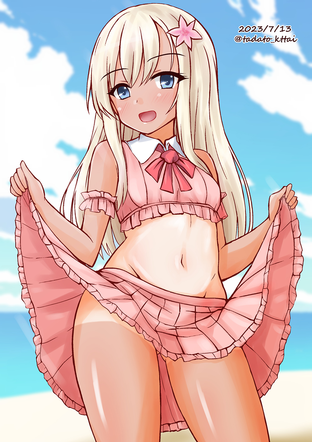 1girl, alternate_costume, beach, blonde_hair, blue_eyes, blue_sky, cloud, contrapposto, cowboy_shot, crop_top, dated, day, groin, highres, holding_own_skirt, kamiya_tadato, kantai_collection, long_hair, midriff, one-hour_drawing_challenge, one-piece_tan, outdoors, pink_shirt, pink_skirt, ro-500_(kancolle), shirt, skirt, sky, sleeveless, sleeveless_shirt, solo, tan, tanline, twitter_username